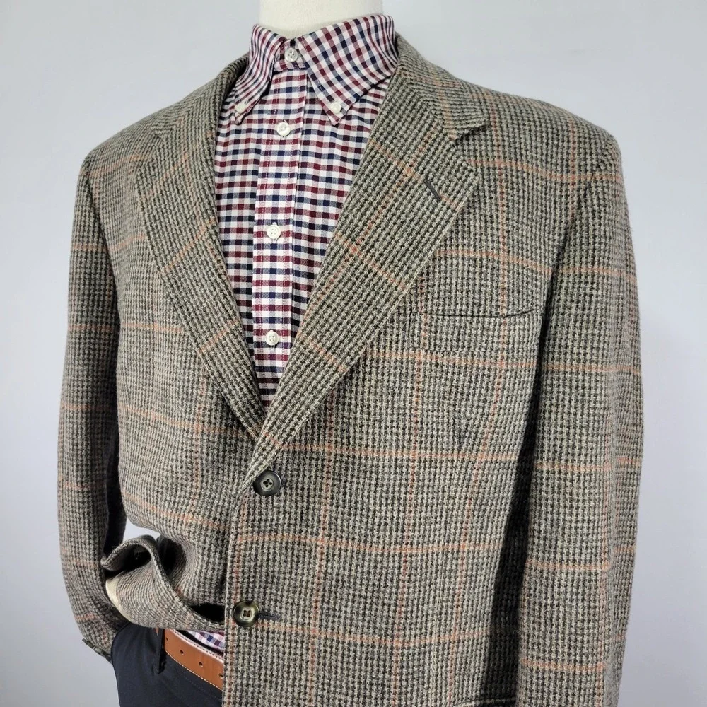Hunt Club Men's Sport Coat Blazer Three Button Tweed Brown Plaid Wool Size 44L‎
